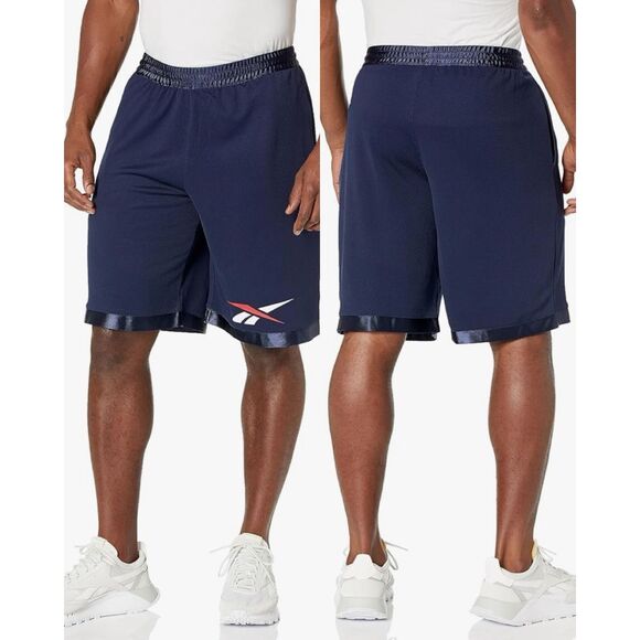 5. Reebok Mesh NWT Logo Print Mesh Basketball Shorts 10in Navy/Red/White - Picture 1 of 5